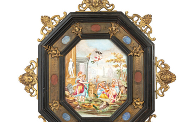 A Capodimonte Porcelain Plaque with Brass and Hardstone Frame