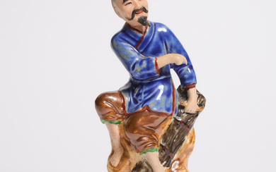 A Chinese Enameled Porcelain Figure of a Fisherman, Made by Master Zhu Tianbao, Republican Period (1912-1949)