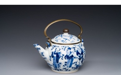 A Chinese blue and white 'Eight Immortals' teapot with bronz...
