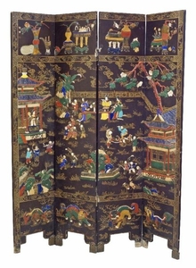 A Chinese lacquer and hardstone inlaid four-panel...
