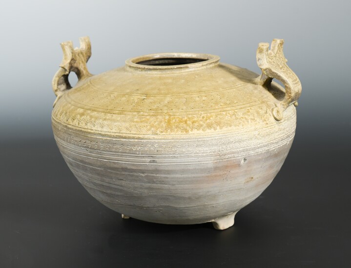 A Chinese olive glazed pottery jar, probably Warring States (475-221 BC)