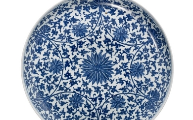 A Chinese porcelain dish decorated in underglaze blue with flowers and foliage in Kangxi manner. Late Qing, c. 1900. Diam. 47.5 cm.