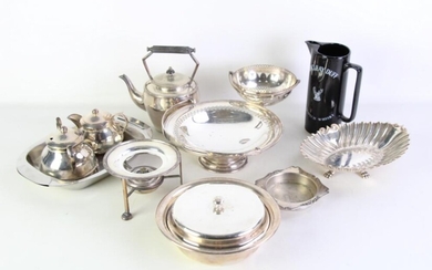 A Collection of Mostly Silver Plated Wares inc Dishes, Teapots and Others Together with A Ceramic Whiskey Jug