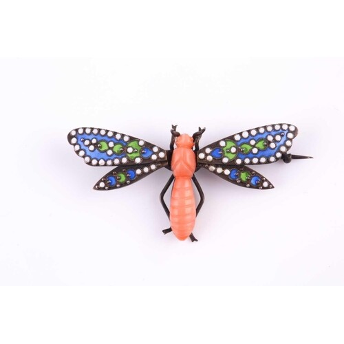 A Continental silver carved coral and enamel dragonfly brooc...