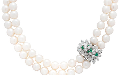 A Cultured Pearl, Emerald, Diamond and White Gold Necklace