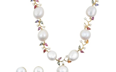 A Cultured Pearl, Sapphire and Diamond Necklace and A Pair...