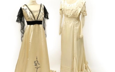 A Edwardian Cream Silk Evening Dress, with black net capped...