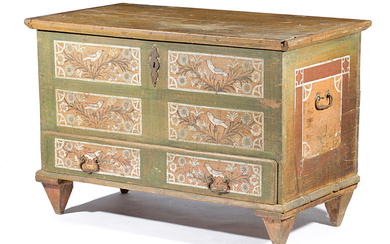 A FOLK ART PAINTED PINE MARRIAGE CHEST