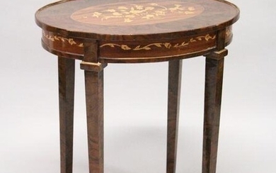 A FRENCH STYLE MARQUETRY INLAID OVAL TABLE on tapering