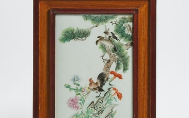 A Famille Rose Porcelain Plaque of a Rooster and a