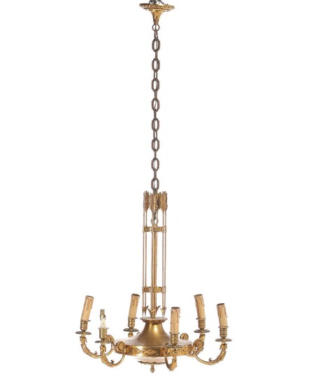 NOT SOLD. A French C. 1900 gilt bronze chandelier, six curved light arms in shape of jester heads. H. 60. Diam. 54 cm. – Bruun Rasmussen Auctioneers of Fine Art