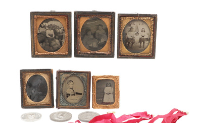 A GROUP OF SIX VICTORIAN FRAMED PORTRAIT DAGUERREOTYPE, THREE PEWTER MEDALLIONS AND OTHER ITEMS.