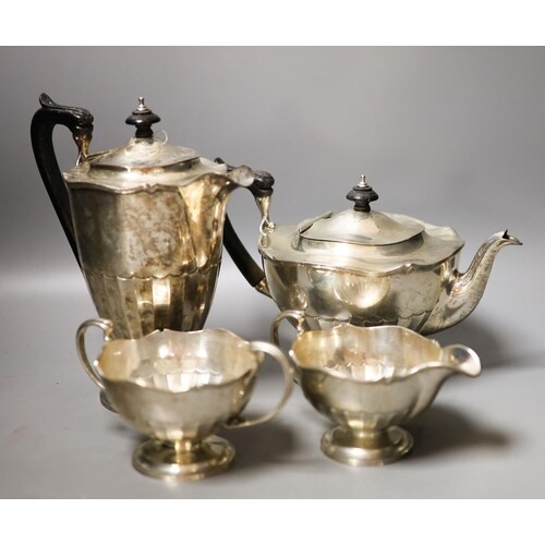 A George V four piece silver circular tea set, Fenton, Russ...