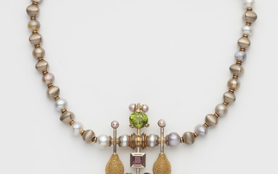 A German one of a kind coloured Biwa pearl necklace with a splendid large 18k gold pearl and coloured gemstone pendant.