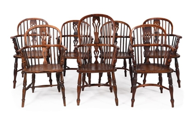 A HARLEQUIN SET OF SEVEN ASH AND ELM WINDSOR ARMCHAIRS, THAMES VALLEY, SECOND QUARTER 19TH CENTURY