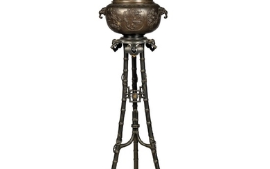 A JAPANESE BRONZE INCENSE BURNER (KORO) ON A FRENCH PARCEL-GILT AND PATINATED-BRONZE STAND