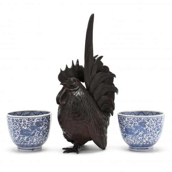 A Japanese Bronze Rooster Okimono and Two Tea Cups