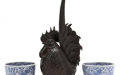 A Japanese Bronze Rooster Okimono and Two Tea Cups