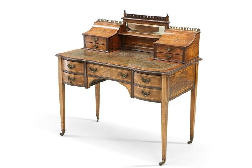 A LATE VICTORIAN INLAID ROSEWOOD DESK, the gilt-tooled