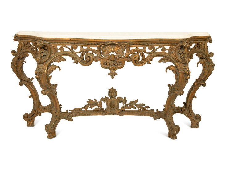 A Louis XV Carved Gilt Wood Serpentine Marble Top Console Table