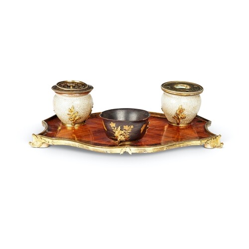 A Louis XV tulipwood and rosewood crossbanded encrier Applie...