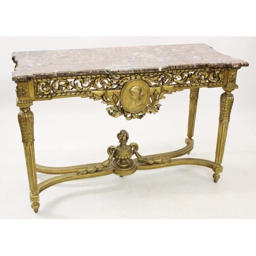 A Louis XVI style marble top and gilt wood console table, la...