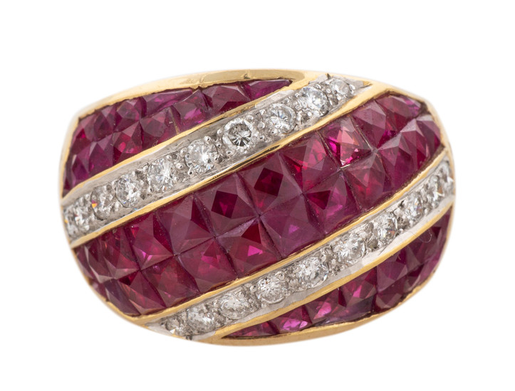 A MODERN 18K YELLOW GOLD, RUBY AND DIAMOND INVISIBLE SETTING RING