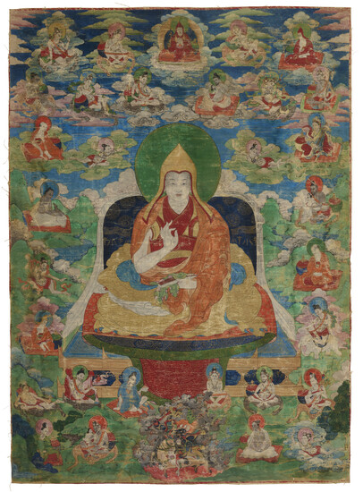A PAINTING OF A DALAI OR PANCHEN LAMA WITH MAHASIDDHAS CHINA, QIANLONG PERIOD (1736-1795)