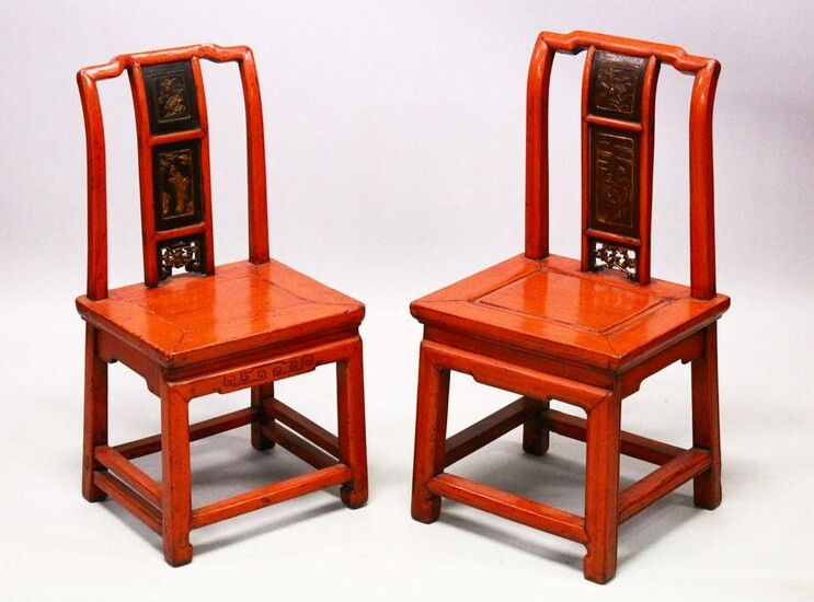 A PAIR OF CHINESE RED HARDWOOD & RED LACQUER CHAIRS