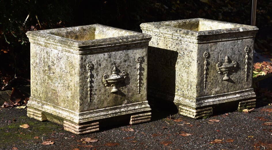 A PAIR OF COMPOSITION STONE SQUARE PLANTERS, IN THE NEOCLASSICAL MANNER, MID 20TH CENTURY