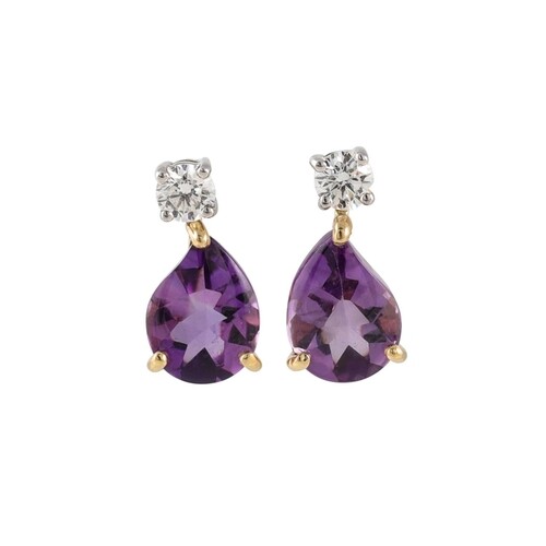A PAIR OF DIAMOND STUD EARRINGS, with detachable amethyst dr...