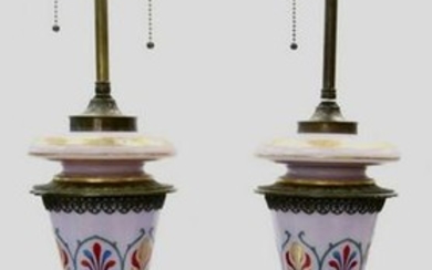 A PAIR OF ENAMELED OPALINE LAMPS