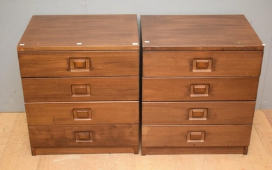 A PAIR OF MID-CENTURY FOUR DRAWER TEAK CABINETS (A/F) (67H x 60W x 45D CM) (LEONARD JOEL DELIVERY SIZE: LARGE)