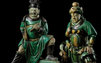 A PAIR OF RARE AND LARGE SANCAI-GLAZED FIGURAL ROOF TILES, MOUNTED AS LAMPS WITH JADE...