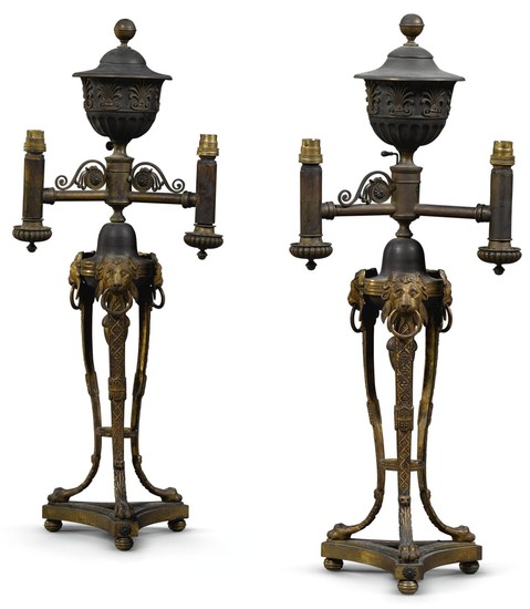 A PAIR OF REGENCY GILT AND PATINATED BRASS COLZA 'PATENT' LAMPS, CIRCA 1812, ATTRIBUTED TO SMETHURST AND PAUL