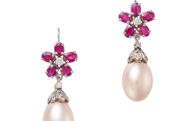 A PAIR OF RUBY, DIAMOND AND PEARL DROP EARRINGS each set with a round brilliant cut diamond in a