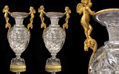 A PAIR OF RUSSIAN BRONZE CUT CRYSTAL VASES. 19TH C.