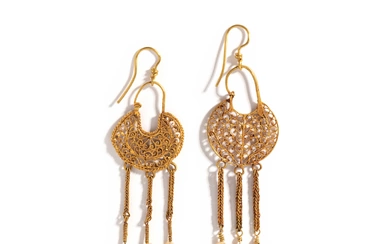 A Pair of Byzantine Gold and Pearl Openwork Earrings