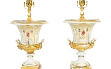 A Pair of Paris Porcelain Urns Mounted as Lamps Height