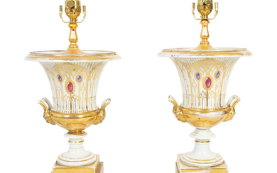 A Pair of Paris Porcelain Urns Mounted as Lamps