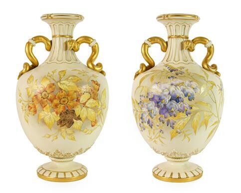 A Pair of Royal Worcester Porcelain Vases, 1890, of ovoid...