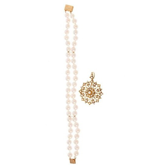 A Pearl Bracelet & Antique Diamond Brooch