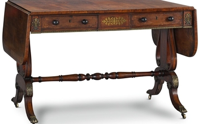 A REGENCY BRASS INLAID ROSEWOOD CROSSBANDED MAHOGANY SOFA TABLE, CIRCA 1820