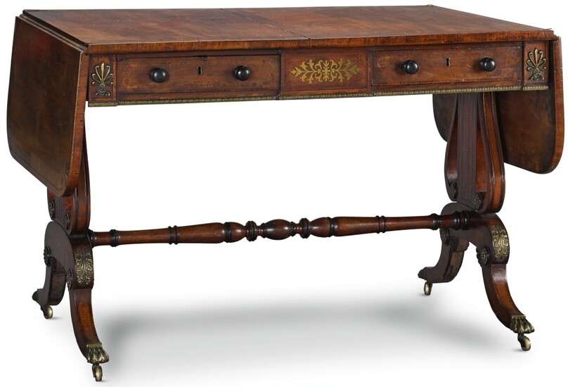A REGENCY BRASS INLAID ROSEWOOD CROSSBANDED MAHOGANY SOFA TABLE, CIRCA 1820