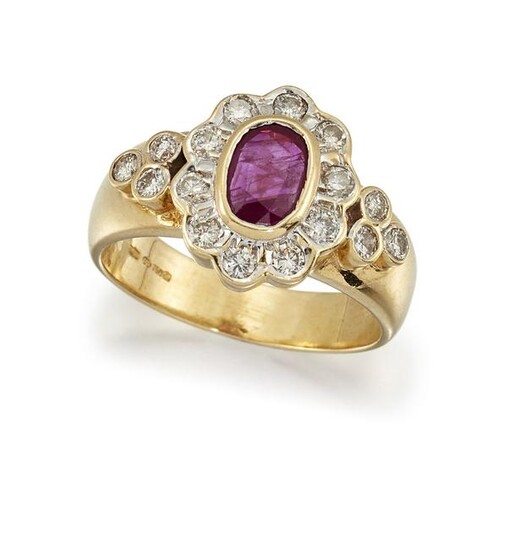A RUBY AND DIAMOND CLUSTER RING The collet-set