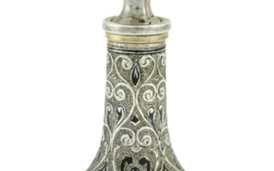 A Russian Silver and Enamelled Perfume Bottle Attractive floral black and silver enamelling. St...