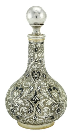 A Russian Silver and Enamelled Perfume Bottle Attractive floral black and silver enamelling. St...