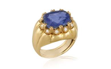 A SAPPHIRE AND DIAMOND COCKTAIL RING The cushion-shaped...