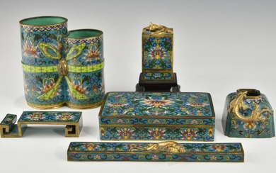 A SET OF CHINESE QING DYNASTY CLOISONNE SCHOLAR TABLE ITEMS