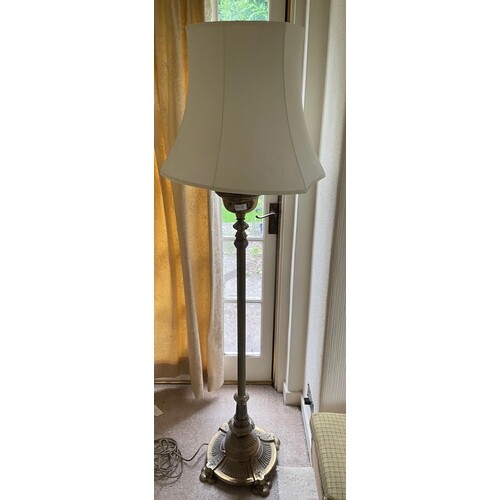 A SUBSTANTIAL ANTIQUE brass column floor lamp with shade#370...